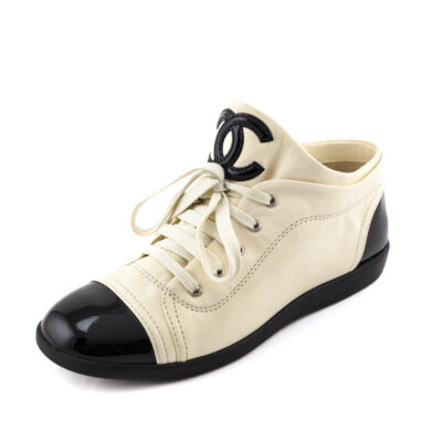 Chanel Cream & Black Leather Cap Toe CC Sneakers Size US 7 | EU 37