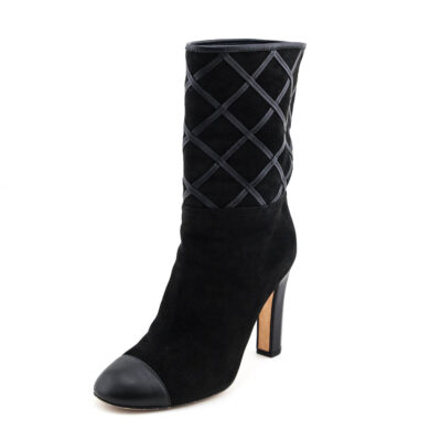 Chanel Black Suede & Leather Diamond Stitch Mid-Calf CC Boots Size US 8.5 | EU 38.5