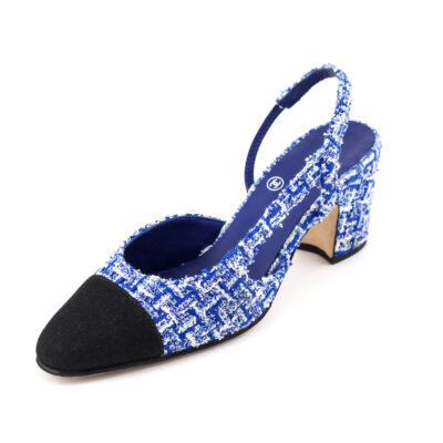 Chanel Blue & White Tweed CC Slingback Pumps Size US 6 | IT 36