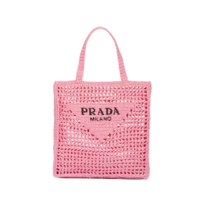 Prada Pink Raffia Crochet Tote Bag