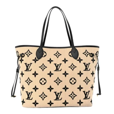 Louis Vuitton Neverfull MM Beige Black | Cotton Monogram Embroidered